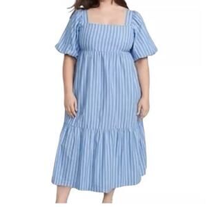 Old Navy Plus Women's Striped Puff Sleeve Cotton Poplin Midi Dress 4X Blue